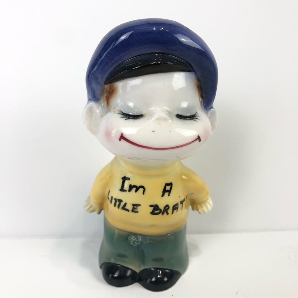 Vintage 70’s Signed and Stamped Glazed Ceramic Hand Painted Boy Portable Lamp
